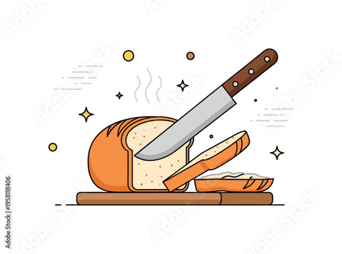 Cutting fresh bread sliced loaf on a small wooden board while a bread knife gently separates warm slices. Soft steam lines and tiny sparkle icons suggest aroma