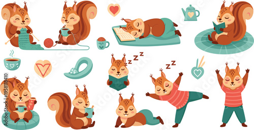 Cute squirrel daily activities set with knitting reading sleeping and relaxing, cozy autumn lifestyle cartoon animals flat vector illustration collection