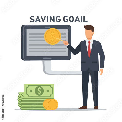A businessman points to a coin on a screen, signifying savings goals