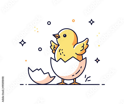 Newborn chick standing in a cracked egg shell with tiny wings slightly lifted as if greeting the world. The joyful scene expresses curiosity, growth, and the