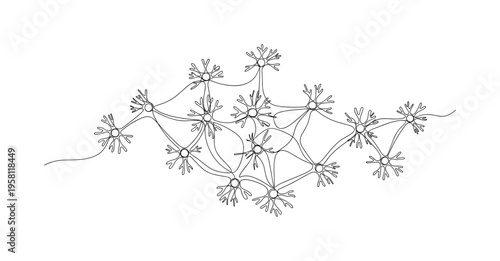 Neural Connection Map. Minimalistic one-line drawing web-like structure of nodes and connecting pathways, continuous single black line on white background,