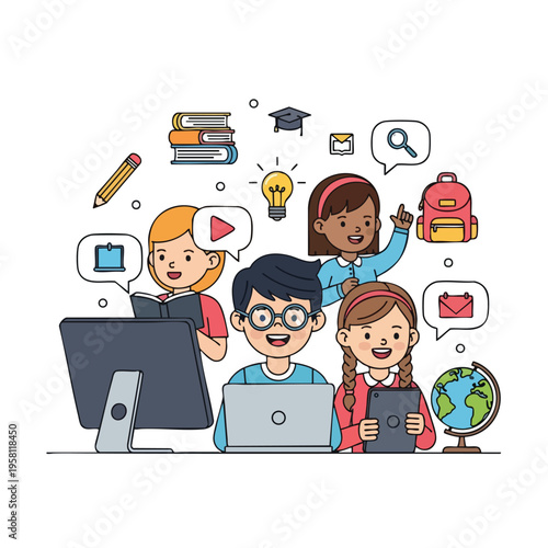 Diverse children using various digital devices for online learning and study