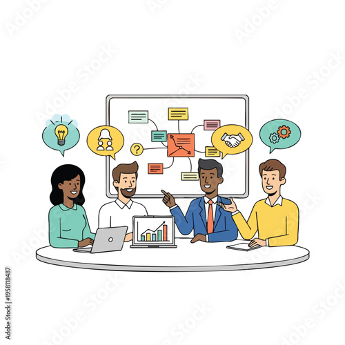 Diverse team collaborating on a whiteboard with data and ideas visualized