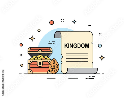 Kingdom of heaven parables concept centered on a small treasure chest and seed icon beside a scripture scroll labeled ?Kingdom?. The composition symbolizes how