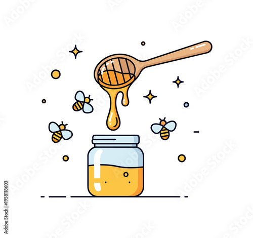 Heavenly honey sweetness golden honey dripping from a wooden spoon into a small jar while bees and tiny sparkle icons float nearby. The scene symbolizes