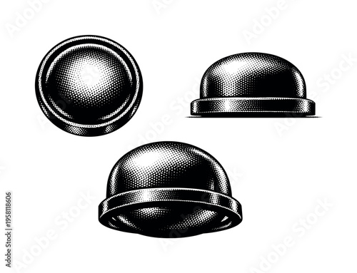 Oxygen tank base, rounded bottom of oxygen tank with support ring shown from bottom view, side view, and three-quarter angle emphasizing curvature and mass.
