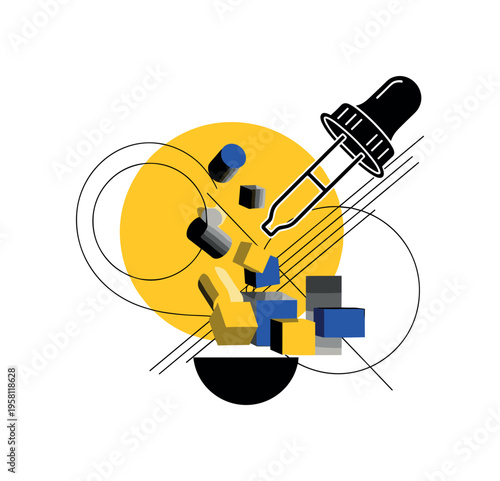 black and white color picker dropper extracting color from abstract geometric shapes, cut-out tool with white outline effect, bold yellow circle behind