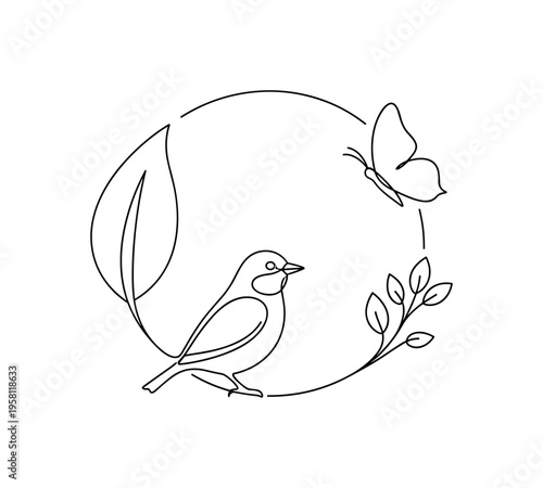Nature Diversity Symbol. Minimalistic one-line drawing circle of leaf, bird and butterfly representing biodiversity harmony, continuous single black line on