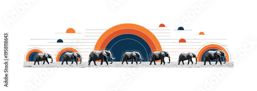 realistic monochrome elephants walking in long migration line across open land, white outline cut-out effect around animals, layered semicircles and thin