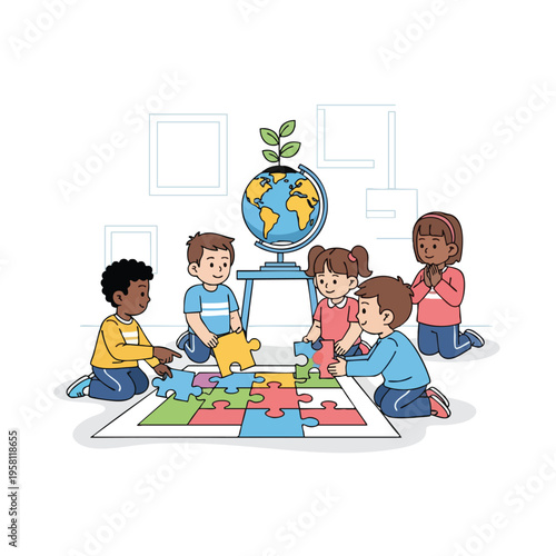 Diverse children assembling a large, colorful puzzle near a globe with a sprouting plant