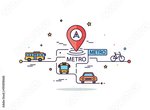 Smart transport system a central navigation pin linked with bus metro bicycle and car icons through clean route lines, representing integrated city mobility