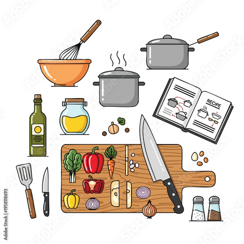Cooking preparation scene with vegetables, utensils, and recipe book