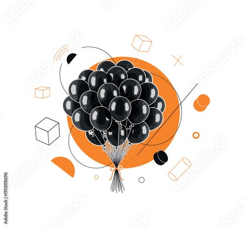 black and white bouquet of round balloons arranged in a dense cluster tied with ribbons, bold orange circle behind the balloons symbolizing joyful energy, thin