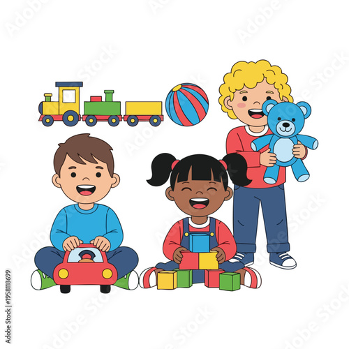 Three smiling children with toys train, ball, bear, car, and blocks