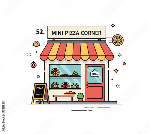 Mini pizza corner adorable tiny pizza shop with a window display of colorful pizzas, a striped awning, and a cozy street scene vibe. Minimalist flat vector