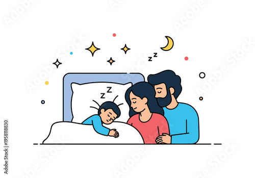 Parents admiring sleeping child cozy bedroom scene with a sleeping child and two parents watching lovingly while star sparkles and a small moon symbol suggest