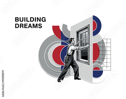 black-and-white retro worker installing a window frame into a wall opening, abstract circles and grid blocks representing structure and construction, deep red