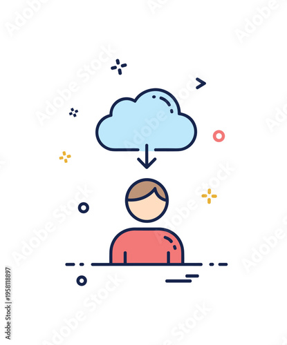 Low mood concept shown through a small cloud hovering above a simple human figure with a subtle downward arrow symbol. Soft emotional metaphor of sadness and