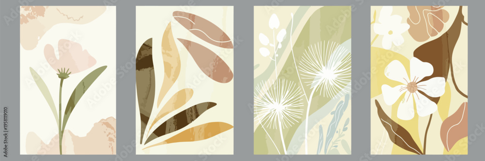 Obraz premium Abstract Botanical Poster Vector Set with Leaves and Flowers in Earth Tone Colors, Modern Organic Illustration for Eco Packaging, Interior Design, Covers, Wall Art and Seamless Wallpaper