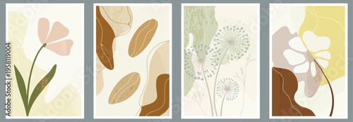 Abstract Botanical Poster Vector Set with Leaves and Flowers in Earth Tone Colors, Modern Organic Illustration for Eco Packaging, Interior Design, Covers, Wall Art and Seamless Wallpaper