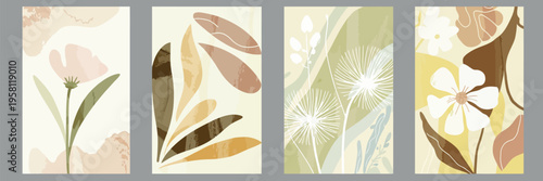 Abstract Botanical Poster Vector Set with Leaves and Flowers in Earth Tone Colors, Modern Organic Illustration for Eco Packaging, Interior Design, Covers, Wall Art and Seamless Wallpaper