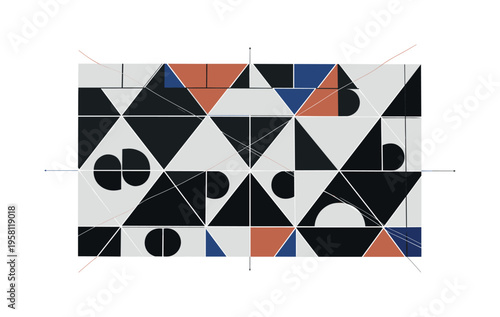 Black and white wall surface partially covered with repeating geometric stencil pattern, sharp triangles and circles forming rhythmic layout, thin linear