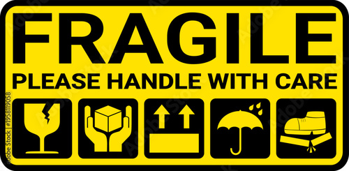 fragile, handle with care yellow sticker. warning sign for delivery package.