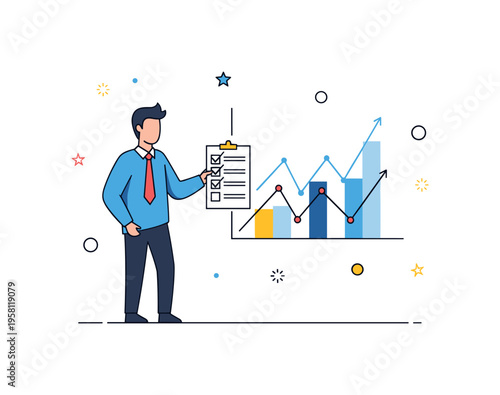 Business decision making in tough markets illustrated with a leader holding a small checklist while a fluctuating chart appears behind them. The visual
