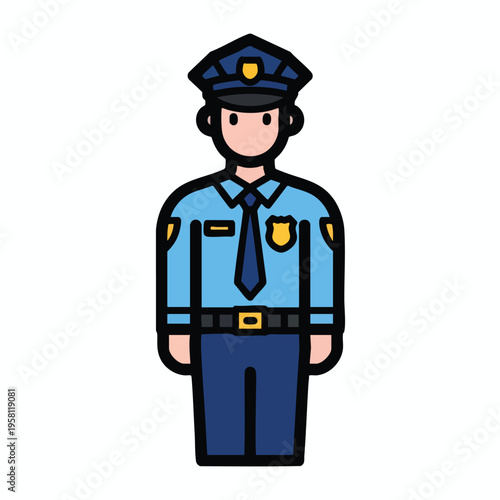 Cartoon police officer in blue uniform and cap, standing straight