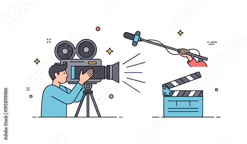 Movie shooting scene a camera operator capturing footage while a boom microphone reaches into the frame and a clapperboard signals the take, symbolizing