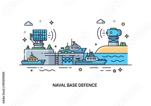 Naval base defense coastal military base with small docked ships and a radar station scanning the surrounding sea. The scene conveys maritime security and
