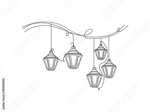 Hanging Garden Lanterns. Minimalistic one-line drawing simple lantern shapes hanging at different heights from a curved line, continuous single black line on