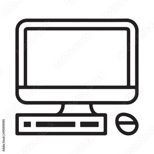 Desktop Computer Icon with Monitor Keyboard and Mouse Simple Line Art Style