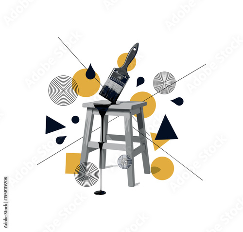 black-and-white paintbrush dripping wood stain over a small wooden stool, abstract circular droplets and thin lines representing finishing layers, mustard