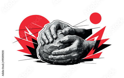 A black-and-white close-up of hands shaping clay, surrounded by dynamic red geometric forms including circles and angular shards, thin intersecting lines