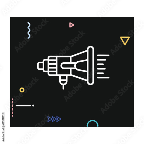 Rocket spaceship launching into space with abstract symbols around it