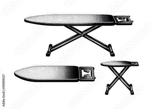 Ironing Board ? realistic ironing board with integrated iron rest and reinforced end section. Black and white dot style with halftone texture and