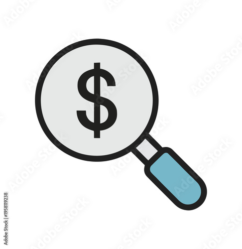 Blue magnifying glass examining a dollar symbol
