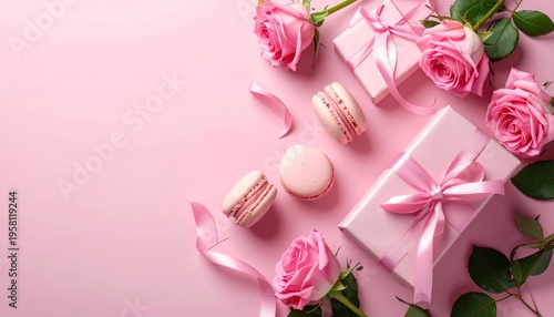 A beautiful gift box of pink roses and sweet chocolate candies decorated with cream and ribbons for a romantic Valentine celebration or a birthday present
