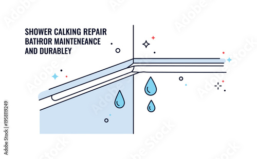 Shower caulking repair shown through a simplified shower corner with a neat white seal line and subtle droplet icons kept outside the joint area, symbolizing