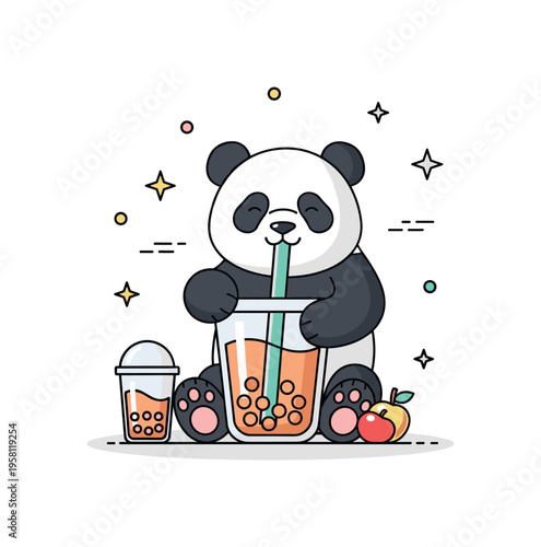 Panda boba tea moment playful panda sipping bubble tea from a cup filled with tapioca pearls creating a cheerful drink themed scene. Minimalist flat vector