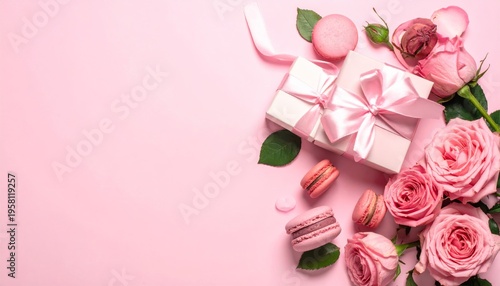 A beautiful gift box of pink roses and sweet chocolate candies decorated with cream and ribbons for a romantic Valentine celebration or a birthday present