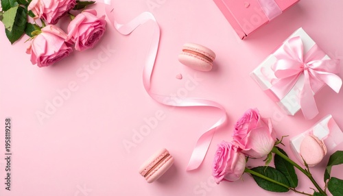 A beautiful gift box of pink roses and sweet chocolate candies decorated with cream and ribbons for a romantic Valentine celebration or a birthday present