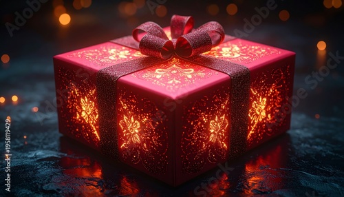 A festive red Christmas gift box wrapped with a golden ribbon and bow sits beside a decorative candle, creating a beautiful holiday surprise package for a seasonal celebration