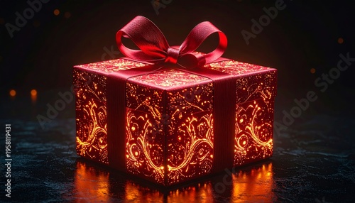 A festive red Christmas gift box wrapped with a golden ribbon and bow sits beside a decorative candle, creating a beautiful holiday surprise package for a seasonal celebration