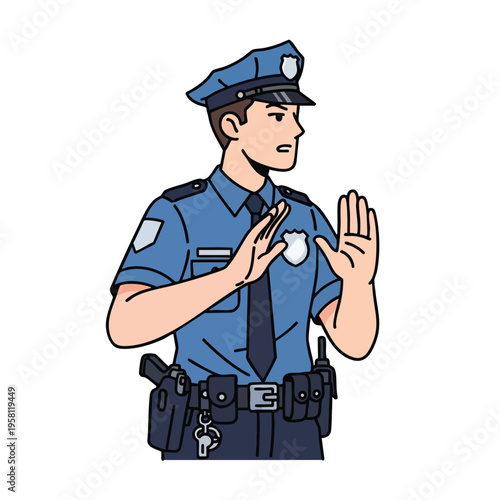 Policeman in uniform with hands raised in a stop gesture, serious expression