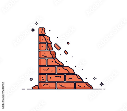 Abandoned brick fragment broken corner of an old brick wall with missing pieces and fading color while tiny particles suggest slow crumbling. Visual metaphor