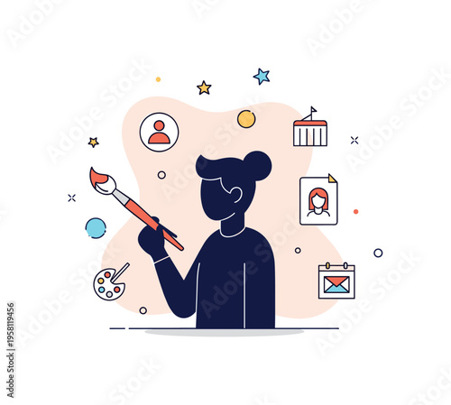 Creative self expression concept featuring a person silhouette holding a paintbrush while abstract shapes and small art icons surround them. The composition