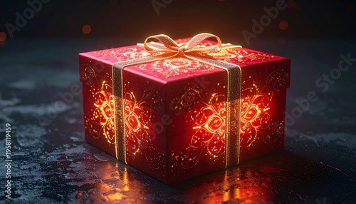 A festive red Christmas gift box wrapped with a golden ribbon and bow sits beside a decorative candle, creating a beautiful holiday surprise package for a seasonal celebration