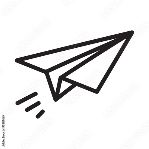 Paper Airplane Flying Fast with Motion Trails Minimalist Line Art Isolated on White Background